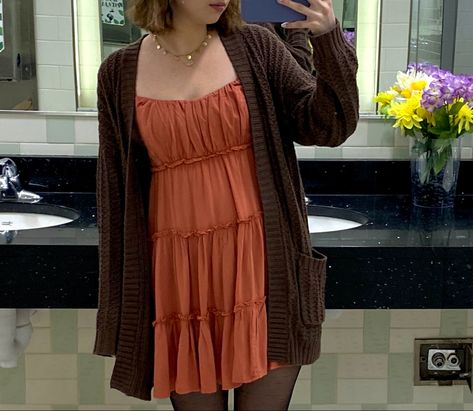 Brown Babydoll Dress, Orange Babydoll Dress, Cardigan Outfit Dress, Pompompurin Outfit, Brown Cardigan Outfit, Fashion Goals, Brown Cardigan, Cardigan Outfits, Fall 2022