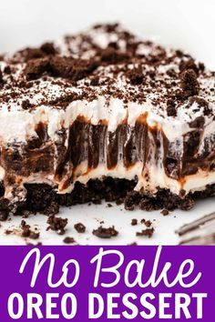 This easy No Bake Oreo Dessert is an irresistible mix of whipped cream, chocolate pudding, Oreo cookies, and a rich cream cheese filling all stacked on an Oreo crust. This is a total crowd pleaser and is one of my family's favorite desserts! Easy Frozen Oreo Dessert, Oreo Pudding Dessert Cups, Oreo Cookie Trifle Dessert, Easy Dessert Recipes With Oreos, Oreo Lasagne Dessert, Desserts To Make With Oreos, Oreo Deserts Ideas, Cool Whip Desserts Easy No Bake, No Bake Trifle Desserts