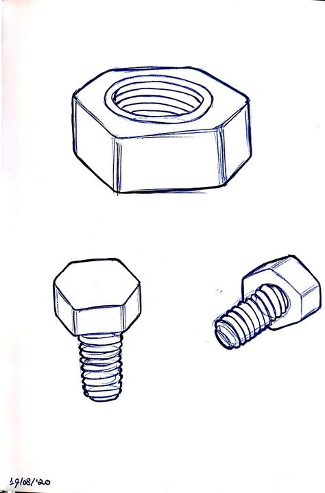 19/08/2020 2d Object Drawing, Screw Drawing Sketch, Daily Objects Sketches, Perspective Studies, Objects Reference, Live Sketching, Daily Sketch, Sketches Ideas, Simple Object