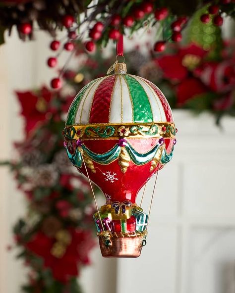 HGHE5 John Huras Hot Air Balloon Christmas Ornament Hot Air Balloon Christmas, Balloon Christmas, Luxury Christmas Decor, Christmas Decor Trends, Christmas Shadow Boxes, Mirror Ornaments, Christmas Trends, Painted Glass, Shadow Boxes