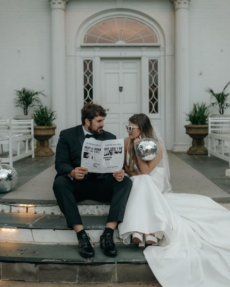 Reception vibes but add some disco balls 🪩✨ Disco Reception Styled by: @ajphotography_____ and @photosbynatalierutherford Venue: @allandalemansion Dress: @southernbellebridal Hair: @sara.styleshair Disco Wedding Photos, Disco Engagement Photos, Disco Reception, Arcade Shoot, Pop Wedding, Shooting Inspiration, Glitter Ball, Disco Balls, Colour Pop