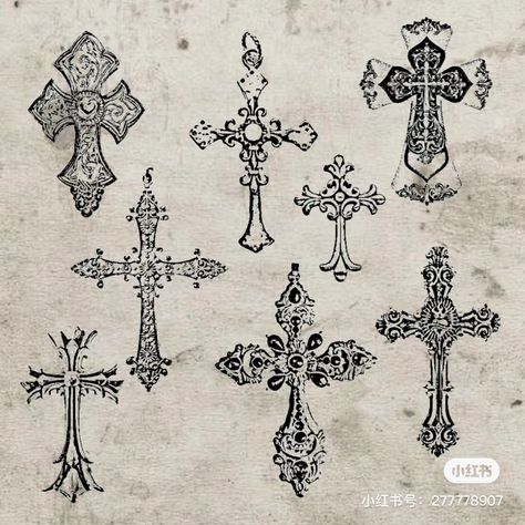 Vintage Cross Drawing, Cross Flash Tattoo, Gothic Cross Tattoo, Crosses Designs, Memorial Tattoo Ideas, Catholic Tattoos, Art Inspired Tattoos, Cross Drawing, Ear Tattoo Ideas