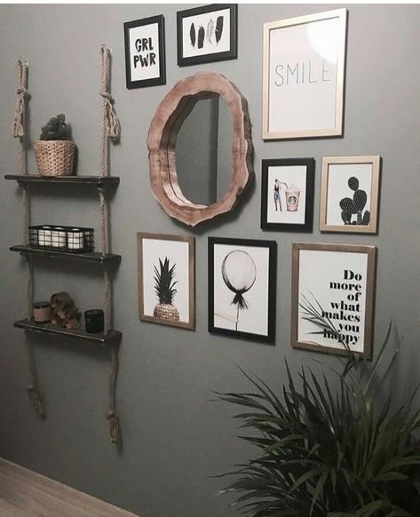 Wall Collage With Round Mirror, Circle Mirror Gallery Wall, Gallery Wall Ideas With Mirror And Pictures, Gallery Wall With Round Mirror, Mirror And Picture Wall Layout, Wall Collage With Mirror, Mirror Gallery Wall Ideas, Picture Wall Layout, Bohemian Chic Living Room