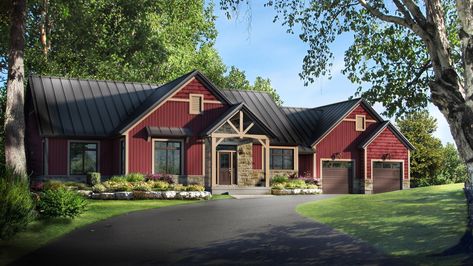 Red Exterior House Colors Farmhouse, Popular House Colors, Maroon House Exterior, Rambler Exterior, Red House Exterior, Beaver Homes And Cottages, Beaver Homes, Exterior Siding Colors, Exterior House Siding