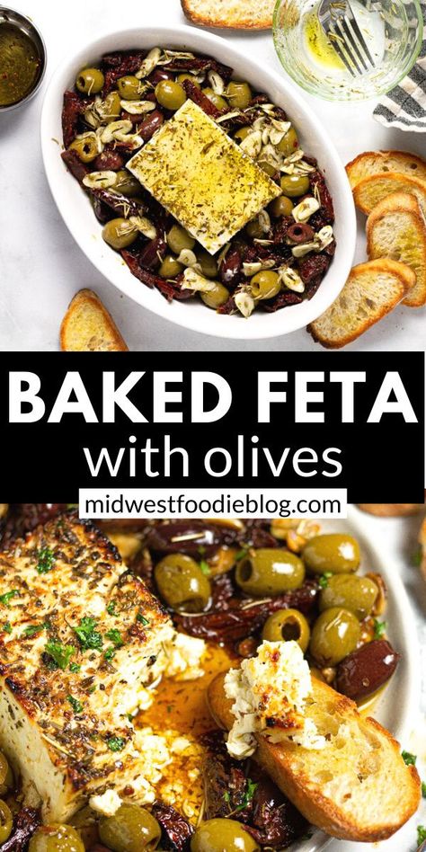 Baked Feta And Olives, Feta And Olive Appetizer, Baked Berry Feta, Baked Feta Appetizer, Baked Feta With Olives, Crispy Crostini, Feta With Olives, Feta Appetizer, Baked Feta Recipe