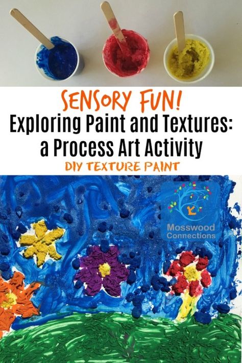 DIY Texture Paint- Exploring Paint and Textures a Sensory Process Art Activity #processart #mosswoodconnections #sensory #artprojects #toddlers #preschool Sensory Preschool, Sensory Processing Activities, Senses Preschool, Textured Paint, Sensory Art, 5 Senses, Painting Activities, Art Activity, Texture Paint