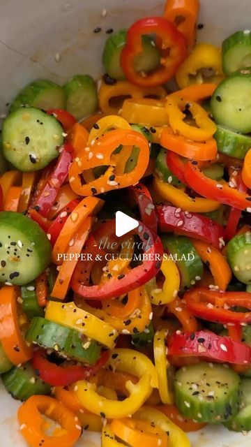 Ashley McCrary on Instagram: "I finally tried the Viral Cucumber & Sweet Pepper Salad by @rachaelkirkconnell and it did not disappoint. This is hands down my favorite viral recipe I’ve tried. So fresh and that CRUNCH….the perfect spring salad.   3 mini cucumbers, sliced  Mini red bell pepper, orange bell pepper and yellow bell pepper, sliced  Ginger miso or sesame miso dressing Everything bagel seasoning Chili crunch oil  Add everything to a bowl and measure the dressing, seasoning and oil with your heart. Enjoy!   #peppers #salad #springsalad #saladrecipes #healthyrecipes #snacktime #saladseason #cucumbers #quickrecipes" Sweet Pepper Cucumber Salad, Orange Bell Pepper Recipes, Cucumber Bell Pepper Salad, Chili Crunch Cucumber Salad, Cucumber Bell Pepper Salad Recipes, Cucumber Bell Pepper Onion Salad, Viral Sweet Pepper And Cucumber Salad, Sweet Pepper Salad, Chili Crunch Oil