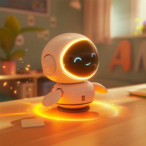 An illustration of a small, hover-capable robot mascot for Lingozon, with a round, inviting form and gentle, ambient lighting. It projects interactive 3D language puzzles in a playful, futuristic classroom. Created Using: hover technology, ambient lighting, 3D projections, playful design, interactive puzzles, futuristic classroom setting, warm and inviting atmosphere, X Lingozon mascot, hd quality, natural look --v 6 Futuristic Classroom, 3d Mascot, Astronaut Character, Robot Mascot, 3d Robot, 3d Projection, Futuristic Robot, Blender Models, Robot Illustration