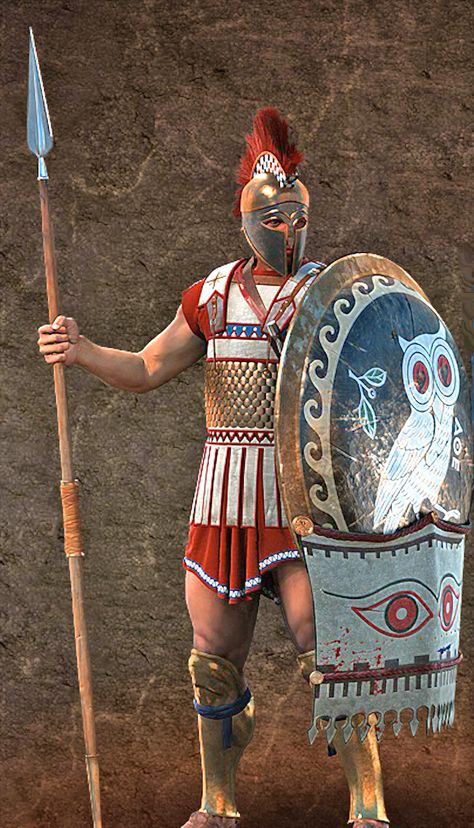 Athenian Hoplite, love the shield, and red on the uniform. Ancient Greek Soldier, Soldier Outfit, Spear And Shield, Greek Soldier, Roman Armor, Warrior Art, Istoria Artei, Greek Warrior, Heroic Fantasy