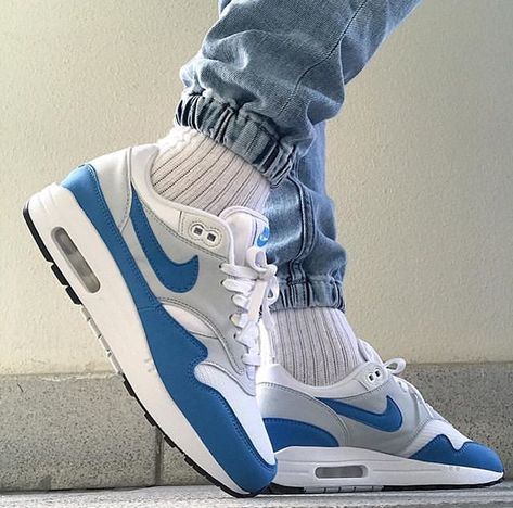 Air Max 1 Essential ‘University Blue’ Air Maxes, Air Max One, Air Max Day, Lucky Green, Nike Trainers, Casual Trainers, Nike Air Max 1, Grand Piano, University Blue