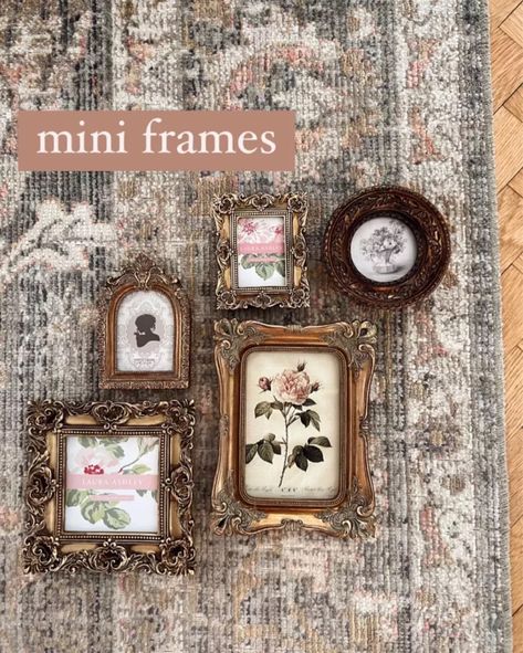 Wall Of Vintage Frames, Small Picture Frame Collage, Mini Vintage Picture Frames, Mini Picture Frames Ideas, Vintage Picture Frames On The Wall, Rustic Wall Collage, Tiny Picture Frames, Thrifted Gifts, Mini Gallery Wall