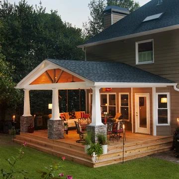 Elevated Screened Porch and Patio with Outdoor Fireplace in Sykesville, MD - Rustic - Porch - Baltimore - by Design Builders, Inc. | Houzz Craftsman Porch, Back Porch Designs, Porch Design Ideas, Porch Addition, Rustic Porch, Cozy Patio, Patio Inspiration, Exterior Remodel, Back Porch Ideas