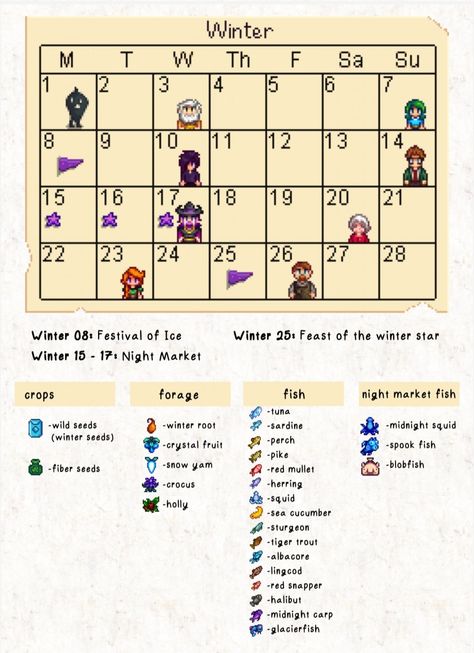 Stardew valley Stardew Valley Crops Seasons, Stardew Valley Winter Fish, Stardew Birthdays, Stardew Valley Seasons, Stardew Valley Events, Stardew Valley World Seeds, Stardew Valley Winter Farm, Stardew Valley Community Center Checklist, Stardew Valley Winter Tips