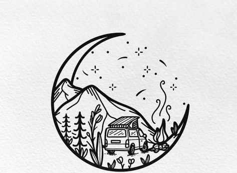 Caravan Tattoo, Harry Potter Doodles Easy, Camping Doodles, Nomadic Drawing, Camper Tattoo, Pop Up Camper Tattoo, Camper Van Tattoo, Mountain Goat Tattoo Design, Campervan Tattoo