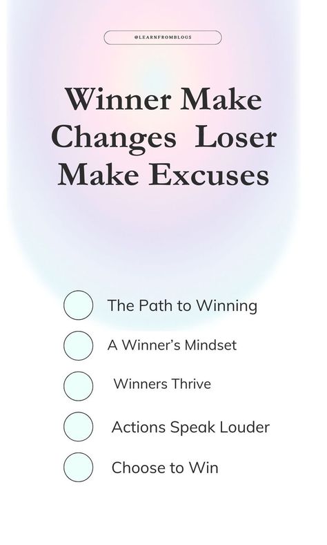 The difference between winners and losers lies in their approach to excuses. Winners focus on results and make the necessary changes, while losers focus on excuses. Choose to win by eliminating excuses and prioritizing results. Learn how at learnfromblogs.com Knowledge Books, Universal Power, Winners And Losers, Actions Speak Louder, Blog Categories, Marketing Tactics, Book Summaries, General Knowledge, Setting Goals