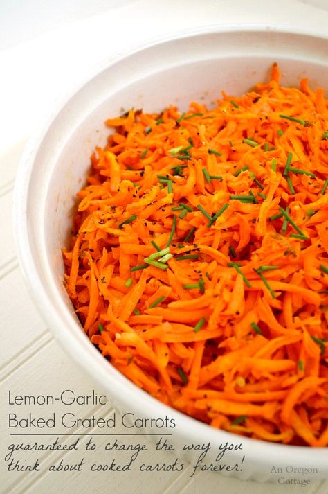 Amazingly good, amazingly simple baked grated carrots with lemon and garlic. If you or your family think that cooked carrots are just "meh," this recipe will change your mind - I promise! Shredded Carrot Recipe, Oregon Cottage, Easy Baked Potato, Garlic Baked, Carrots Recipe, Slow Cooked Chicken, Shredded Carrots, Cooked Carrots, Carrot Recipes