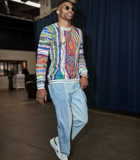 Russell Westbrook Outfits, Westbrook Outfits, School Trip Outfit, Celtics Game, Coogi Sweater, Interactive Video, Nba Fashion, Retro Sweater, Russell Westbrook