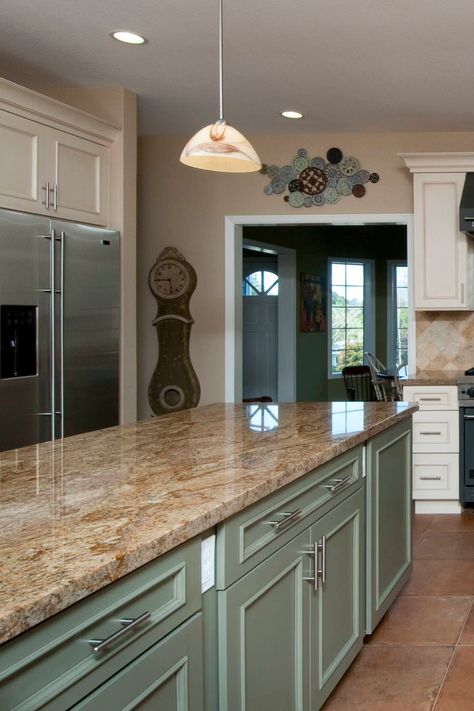 Beige Granite Countertop Green Cabinet Cream Backsplash Brown Floor Tile Beige Tile Kitchen, Kitchen Taupe, Hawaii Condo, Beige Granite, Brown Granite Countertops, Kitchen Beige, Taupe Kitchen, Granite Countertops Colors, Kitchen Colour Combination