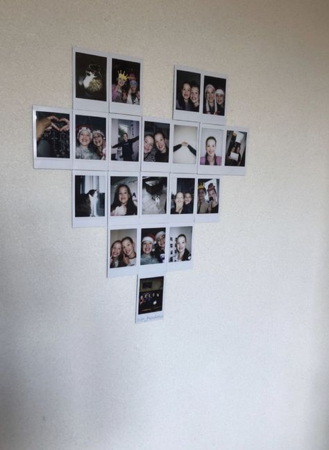 Ways To Put Pictures On Wall, Poloroid Heart On Wall, Poloroid Pictures Ideas Fairy Lights, Heart Made Out Of Pictures On Wall, Cute Ways To Display Polaroids, Polaroid Craft Ideas, Heart Polaroid Wall, Polaroid Design Ideas, Heart Picture Collage Layout