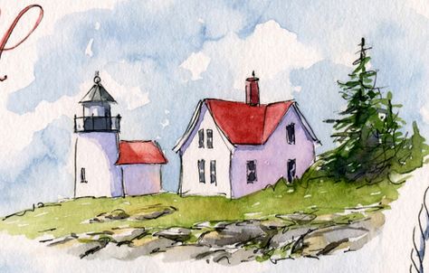 Everyday Artist: Sketches from Maine: A Sailboat, Lighthouses, and More Rocky Coast Rocky Coast, Lighthouse Painting, Lighthouse Art, Watercolor Architecture, Whimsical Watercolor, Artist Sketches, Watercolor Pictures, Watercolor Paintings Easy, Watercolor Sketchbook