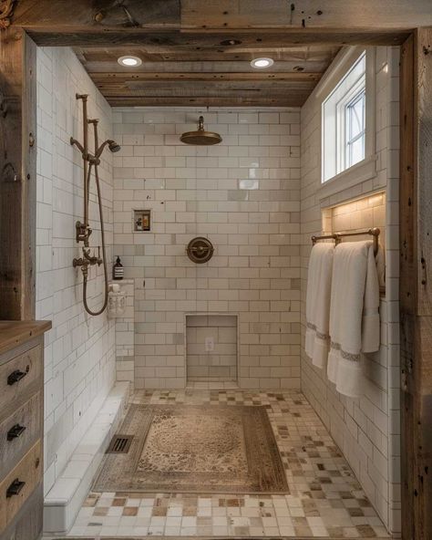 Farmhouse Master Bath Shower Ideas, Tile Walk In Shower Ideas, Walk In Shower Remodel, Cottage Showers, Showers Ideas, Elegant Bathroom Design, Inspiring Lifestyle, Bathroom Farmhouse, Rustic Shower