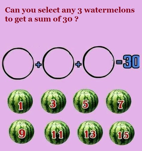 Can you select any 3 watermelons to get a sum of 30 ? - with Answer - Forward Junction Puzzles Word Puzzles Brain Teasers, Math Puzzles Brain Teasers, Mind Games Puzzles, Math Riddles With Answers, Puzzles With Answers, Riddle Puzzles, Tricky Riddles With Answers, Brain Teasers With Answers, Brain Teasers For Kids