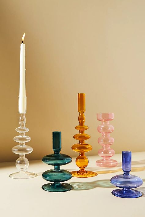 Delaney Candle Holder | Anthropologie Dinner Tablescape, Apartment Mood Board, Spring Celebration, Bhldn Weddings, Taper Candle Holders, Best Gifts For Her, Glass Candlesticks, Unique Candles, Wedding Dinner