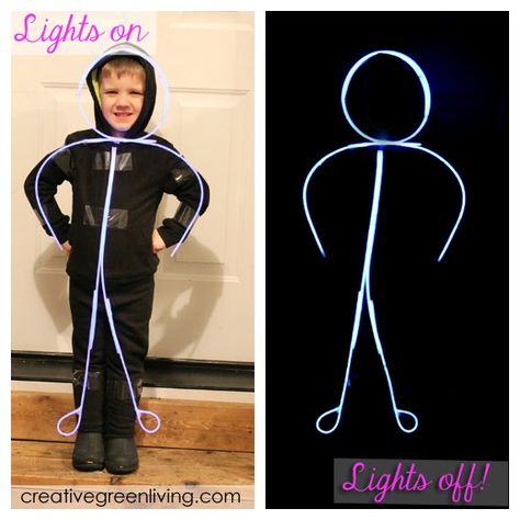 Quick and easy last minute Halloween costume tutorial: Glowing Stick Figure from dollar store supplies. #CreativeGreenLiving #Halloween #halloweencostumes #halloweencrafts #stickfigure #DIYcostume #dollarstorecrafts #lastminutecostumes #costume Easy Diy Kids Halloween Costumes, Glow Stick Costume, Diy Kids Halloween Costumes, Stick Man Costume, Stick Costume, Inexpensive Halloween Costumes, Stick Figure Costume, Glow Dance, Christmas Skits