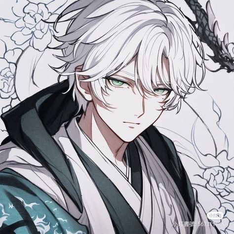 White Hair Green Eyes Anime Guy, How To Draw Anime Head, White Haired Anime Guy, Boy With White Hair, Anime Hairstyles Male, Anime Head, Anime Version, Figure Drawing Reference