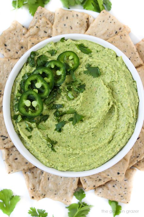 Cilantro Jalapeno Hummus (Easy + Oil-Free!) - The Garden Grazer No Oil Hummus Recipe, Cilantro Lime Hummus Recipe, Hummus No Oil, Cilantro Jalapeño Hummus Recipe, Cilantro Jalepeno Ranch Dip, Cilantro Jalapeno Hummus, Cilantro Hummus, Jalapeno Hummus, Vegan Dip Recipes