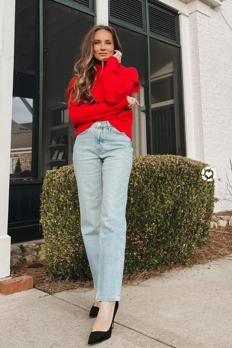 Time and True Women's Mock Neck Sweater in Red. Free Assembly Women’s 90’s Relaxed Jeans. Women Ankle Strap Pump Shoes. Fashion Outfit Ideas. Casual Winter Outfits | Fashion Looks | Walmart Finds | Angela Lanter Light Wash Jeans Outfit, Winter Outfits Fashion, Hello Fashion Blog, Angela Lanter, Walmart Finds, Hello Fashion, Jeans Outfits, Ruffle Sweater, Relaxed Jeans