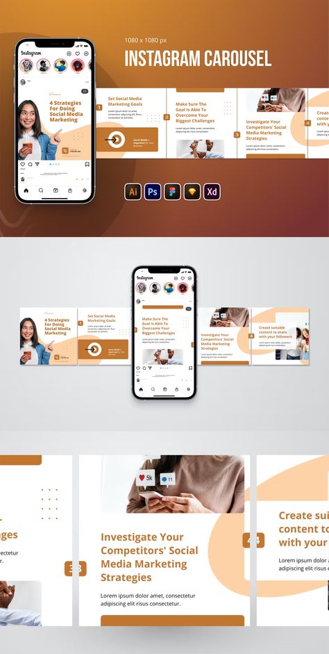 Social Media Strategy Instagram Carousel Template AI, EPS, FIG, PSD, XD, SKETCH Carousel Social Media Post, Social Media Carousel Design, Brand Identity Design Layout, Carousel Post Design, Carousel Ideas, Instagram Carousel Template, Instagram Carousel Post, Carousel Template, Carousel Design