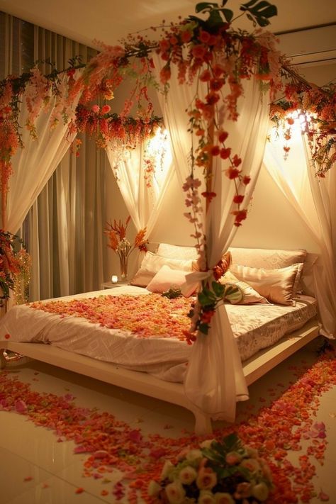 Room Decor For Newly Wed Couple, Wedding Bed Decoration, First Night Room, Wedding Night Bedroom, Wedding Night Room, Newlywed Bedroom, Beautiful Ceiling Designs, First Wedding Night, Wedding Night Room Decorations