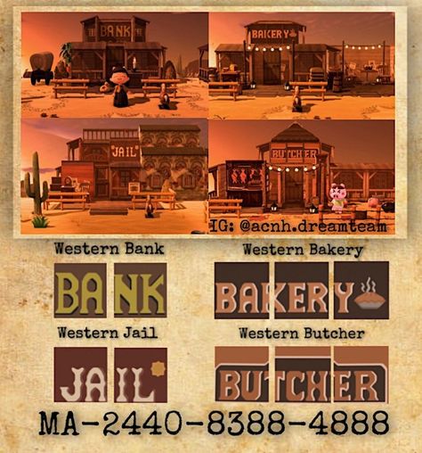 Western Bakery, Acnh Western, Jail Ideas, Abandoned Desert, Acnh Farmcore, Desert Town, Western Saloon, Wild West Theme, Western Designs