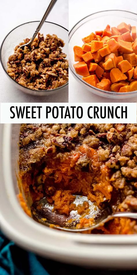 This easy sweet potato casserole is full of sweet and buttery mashed sweet potatoes and topped with a sweet, salty, and crunchy pecan topping. | sweet potato crunch casserole | sweet potato crunch recipe | sweet potato crunch easy | sweet potato casserole with pecans recipe | sweet potato casserole with pecan crust | best sweet potato casserole with pecans thanksgiving recipes | the best sweet potato casserole with pecans Sweet Potato Crunch Casserole, Sweet Potato Crunch, Easy Sweet Potato Casserole, Potato Oven, Sweet Potato Oven, Sweet Potato Dessert, Sweet Potato Casserole Easy, Holiday Recipes Thanksgiving, Easy Sweet Potato