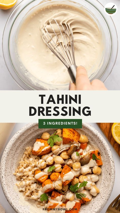 Vegan Tahini Dressing, Sauce For Vegetables, Vegan Dressings, Tahini Salad Dressing, Homemade Tahini, Tahini Recipe, Sweet Potato Kale, Lemon Tahini Dressing, Yummy Salads