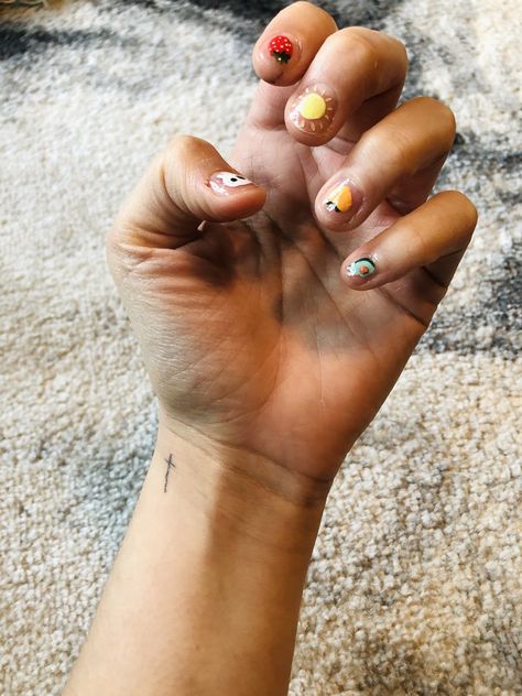 Cute nail art with peach strawberry avocado skull sunshine emoji nail art Sunshine Nail Art, Emoji Nail Art, Nail Art Fruit, Art Emoji, Emoji Nails, Base Coat Nail Polish, Strawberry Avocado, Peach Strawberry, Fruit Nail Art