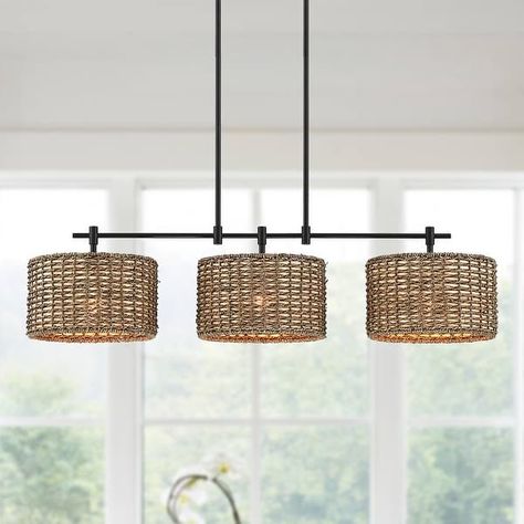 Hanging Bar Lights Kitchens, Dining Table Lighting Rustic, Rattan Lights Over Kitchen Island, Kitchen Pendant Lights Not Over Island, Basket Dining Room Light, Farmhouse Linear Chandelier, Wicker Dining Room Light, Light Fixture Above Dining Table, Single Island Light Fixture