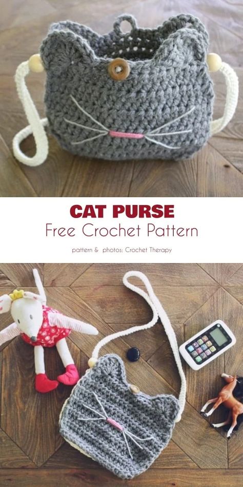 Cat Bag Pattern, Kat Haken, Purse Patterns Free, Crochet Purse Pattern Free, Kids Purse, Crochet Shell Stitch, Cat Purse, Bags Ideas, Crochet Cat Pattern