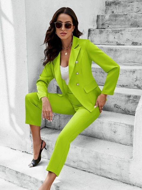 SHEIN Unity Lapel Neck Double Breasted Blazer & Pants for Sale Australia| New Collection Online| SHEIN Australia Lime Suit For Women, Lime Green Dress Outfit Classy, Neon Green Fashion, Lime Green Pants, Style Vert, Lime Green Dress, Grad Pic, Woman Suit, Verde Lima