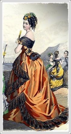 Victorian Bustle Dress, 1880 Dress, 1870s Dress, Victorian Bustle, Victorian Dresses, 1870s Fashion, 1880s Fashion, Orange Dresses, Bustle Dress