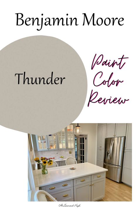 Benjamin Moore Thunder is a beautiful greige paint color that is underused in homes today. It's a gorgeous neutral greige and I have all the details here with gorgeous photos of the color used in real homes! Thunder Benjamin Moore Kitchen Cabinets, Thunder Paint Color Benjamin Moore, Griege Paint Bathroom, Benjamin Moore Thunder Cabinets, Greige Furniture Paint, Griege Paint Kitchen, Thunder Paint Benjamin Moore, Bm Thunder Paint, Best Benjamin Moore Greige