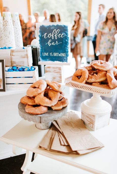 Coffee And Donut Bar Wedding, Bagel And Donut Bar, Coffee And Donut Bar, Donut And Coffee Bar, Donut And Cookie Bar Wedding, Coffee Bar For Wedding, Wedding Doughnut Bar, Donut Displays For Showers, Coffee Station Wedding