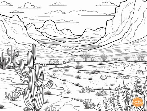 illustration of Arizona cactus wonderland Grand Canyon Coloring Page, Grand Canyon Drawing, Mandala Turtle, Cactus Drawing, Arizona Cactus, Coloring Page For Adults, The Grand Canyon, Cool Coloring Pages, Fantasy Fairy