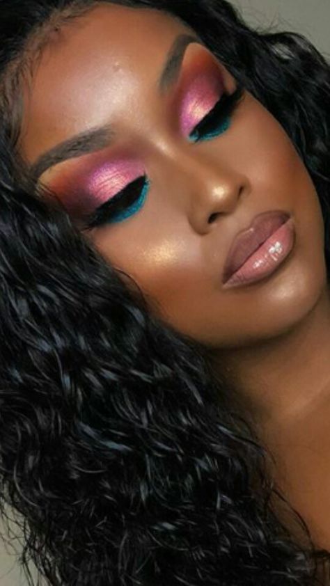 Fushia Makeup Looks, Blue And Pink Makeup Looks, Fuschia Eyeshadow Looks, Dark Skin Pink Makeup, Pink Under Eye Makeup Looks Black Women, Fuschia Makeup Black Women, Pink Eye Shadow Black Women, Budget Makeup, Face Beat Makeup