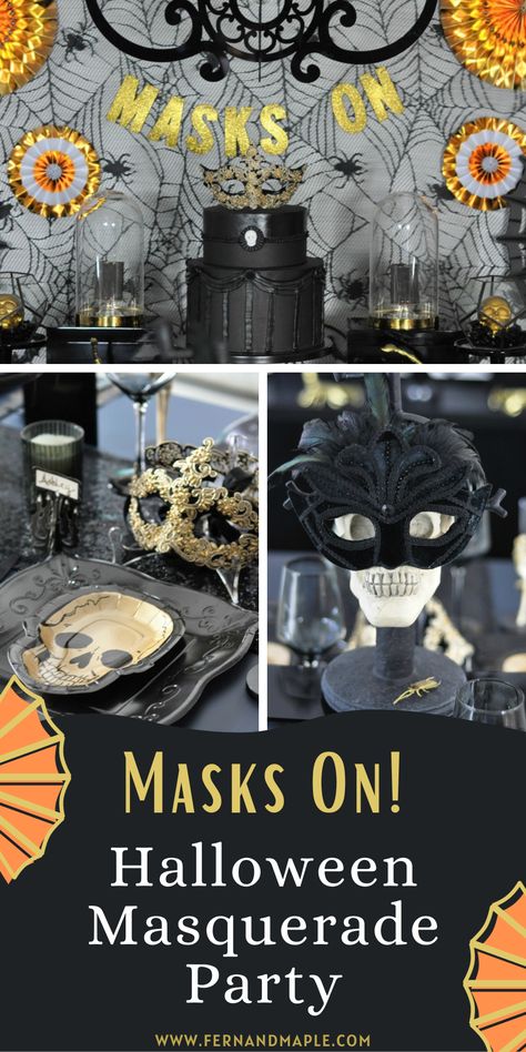 How to set the spooky scene with an elegant Halloween Masquerade Party! With tons of DIY details and decor & dessert inspiration. Get details and tons more Halloween party ideas now at www.fernandmaple.com. Spooky Masquerade Party, Gothic Masquerade Party, Masquerade Halloween Party Ideas, Haunted Masquerade Party, Masquerade Halloween Party Decorations, Ideas For Dessert Table, Masquerade Theme Party Outfit, Mascarade Party Ideas, Masquerade Party Decorations Diy