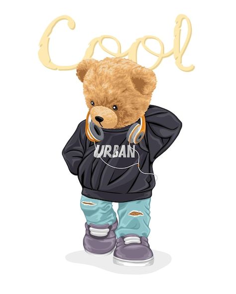 Bear With Headphones, Cool Teddy Bear, Clothes Videos, Teddy Pictures, Boys Logo, Bear Vector, T Shirt Logo Design, Shirt Logo Design, Hand Drawn Vector Illustrations