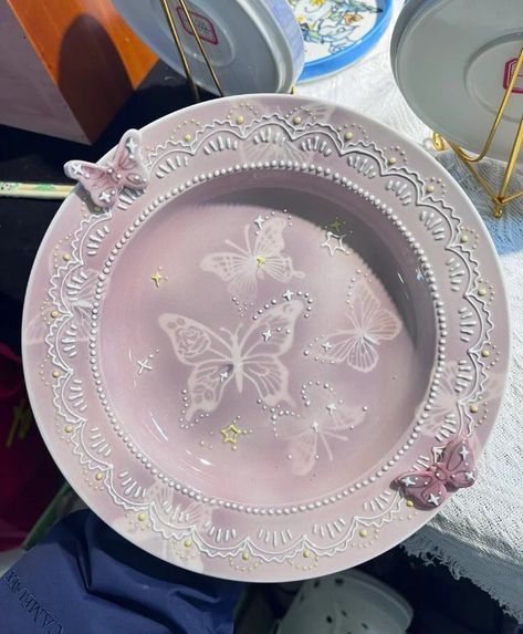 ‏ْ on X Kitchen Boards, Pink Purple Butterfly, Ceramic Cafe, Butterfly Handmade, Handmade Ceramics Plates, Cute Furniture, Pottery Painting Designs, Beautiful Aesthetic, Pottery Crafts