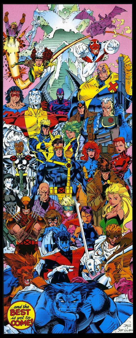 Pretty well dated outfit wise, but the early to mid 90's X Men is the fondest in my mind. Right when i started getting into comics! X-men Poster, Xman Marvel, Jim Lee Art, Univers Marvel, Marvel Xmen, Jim Lee, Comic Characters, Uncanny X-men, Jack Kirby