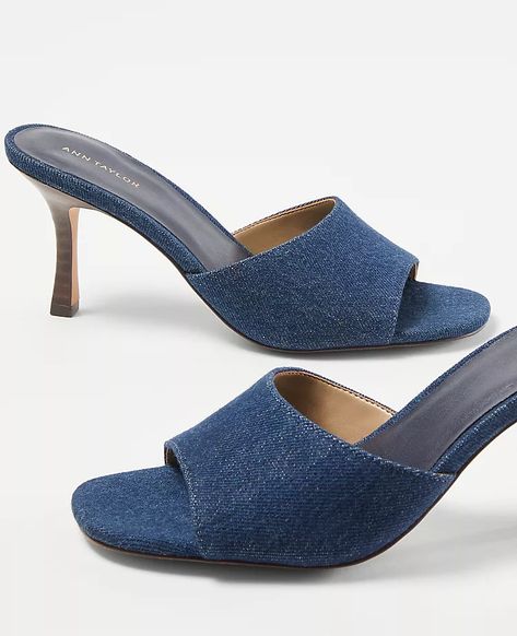 Dark denim takes a tailored turn in these slip-on mule sandals. Open toe. Padded footbed for complete comfort. 3" heel. Navy Blue Pumps, Denim Mules, Black Patent Pumps, Chunky Heel Pumps, Heeled Mules Sandals, Black Suede Booties, Blue Pumps, Swim Shoes, Croc Leather